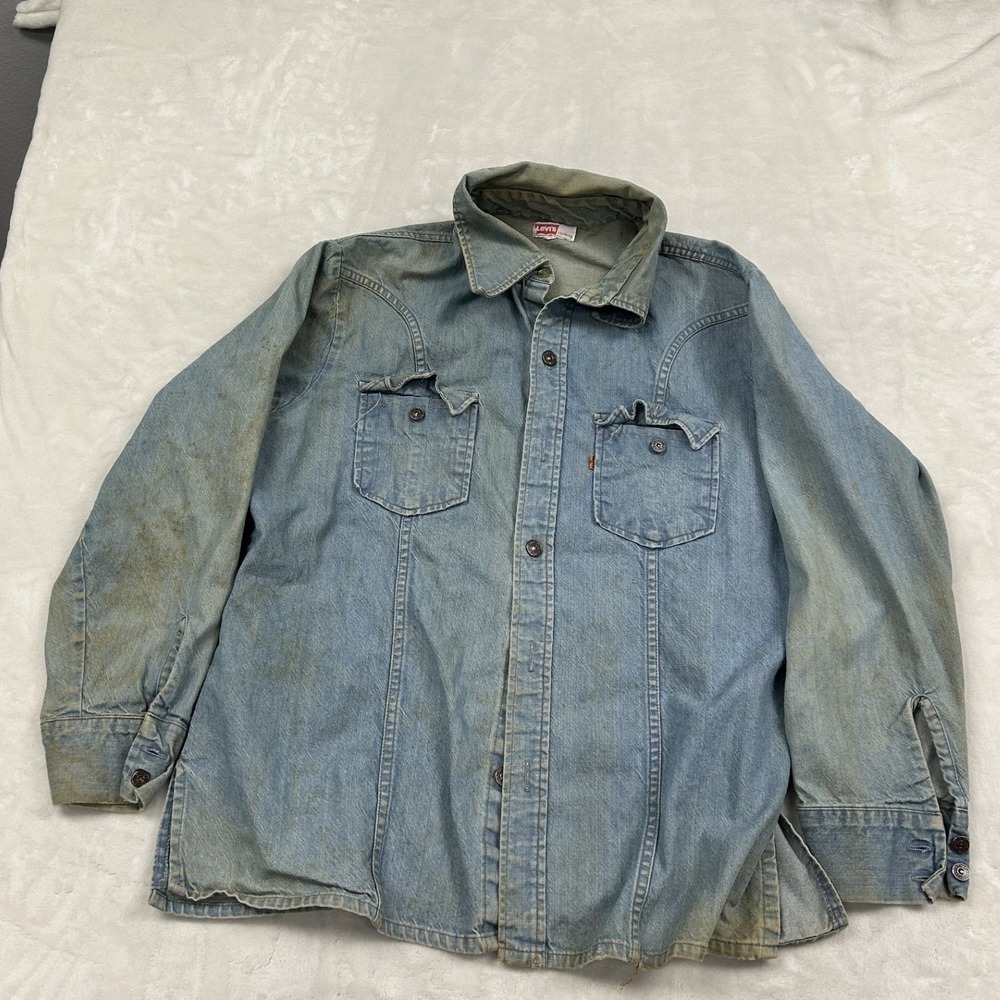 Levi's Denim Shirt womans L Blue Orange Tab Vintage Western Distressed Workwear